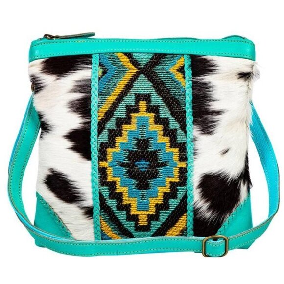 Cowhide & Aztec Pattern Turquoise Crossbody Bag With Adjustable Strap - Picture 1 of 8
